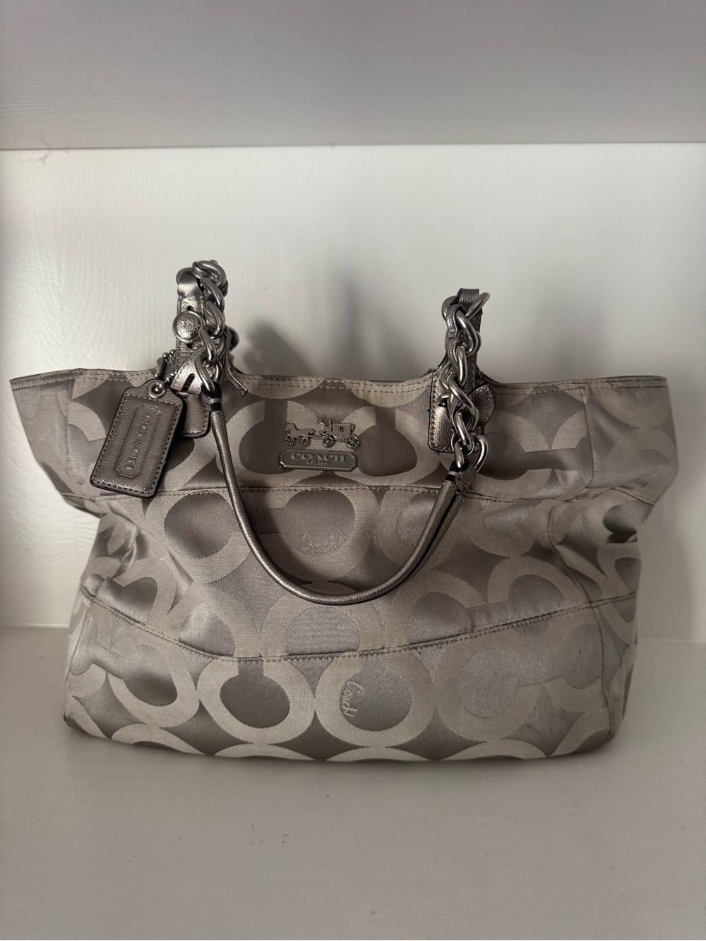 Coach Silver Signature Tote with Chain Handles